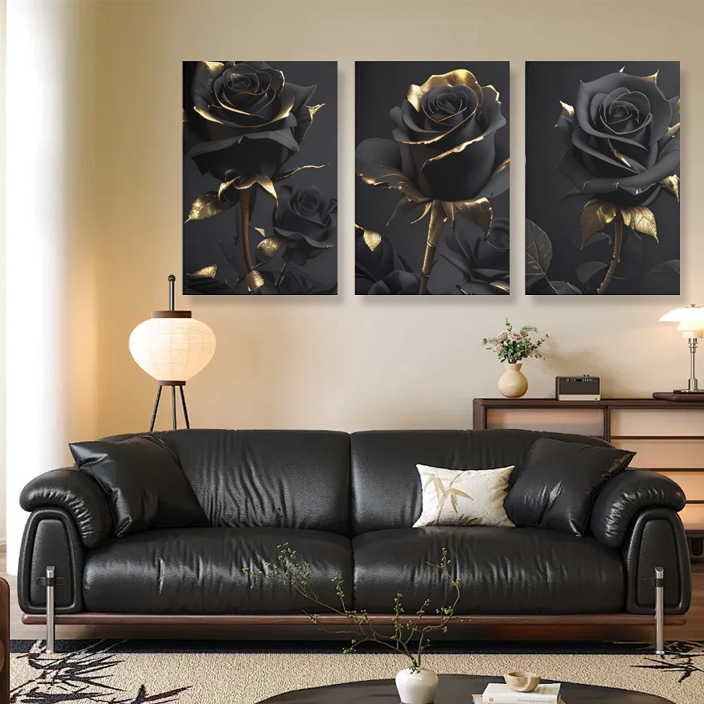 Black Gold Rose,Triple Frameless Canvas Painting