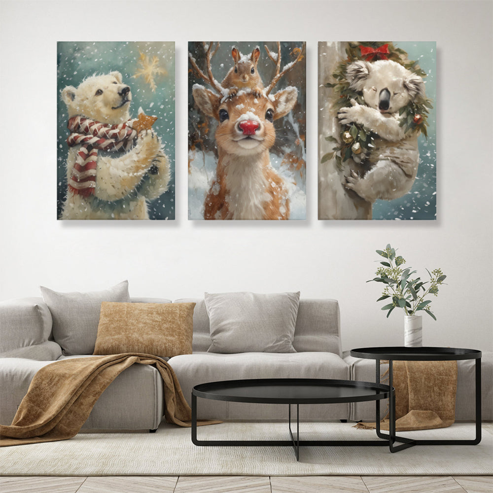Winter Snow Scene Cute Animals,Triple Frameless Canvas Painting.