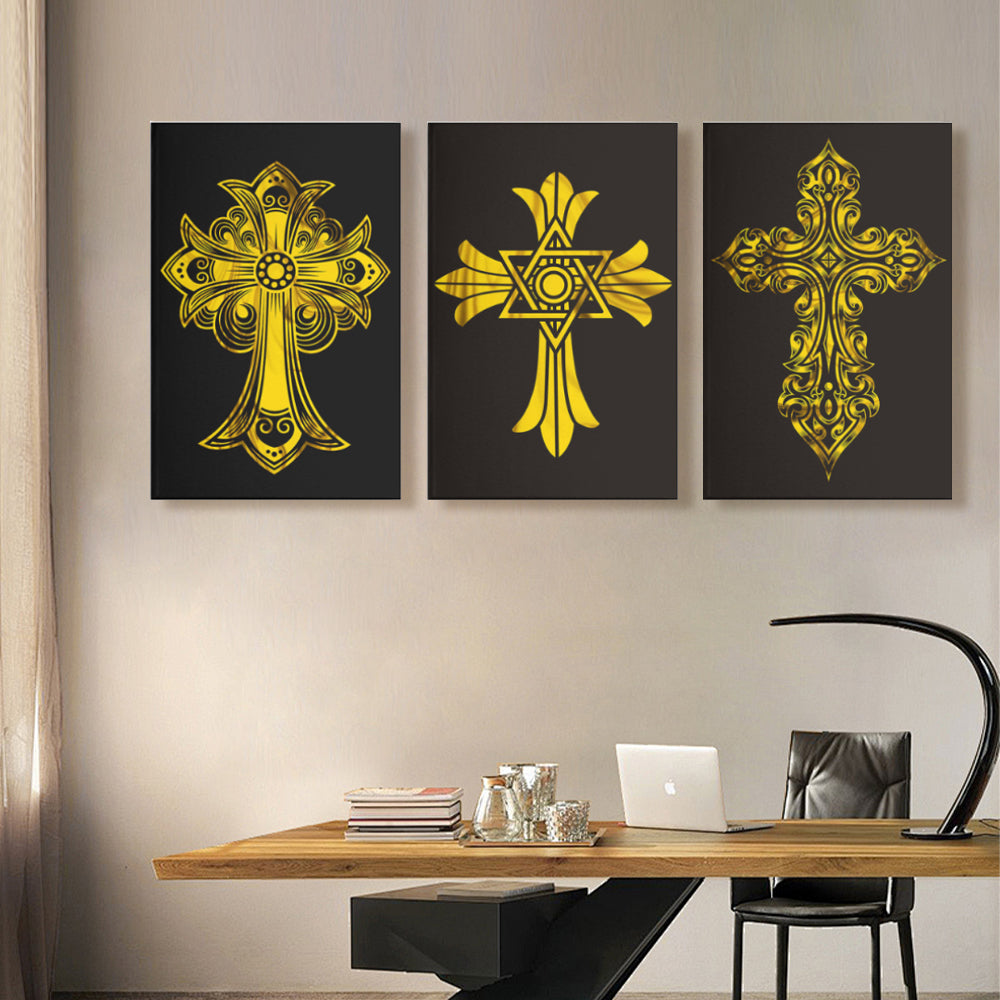 Golden Lace Cross Creative Pattern,Triple Frameless Canvas Painting