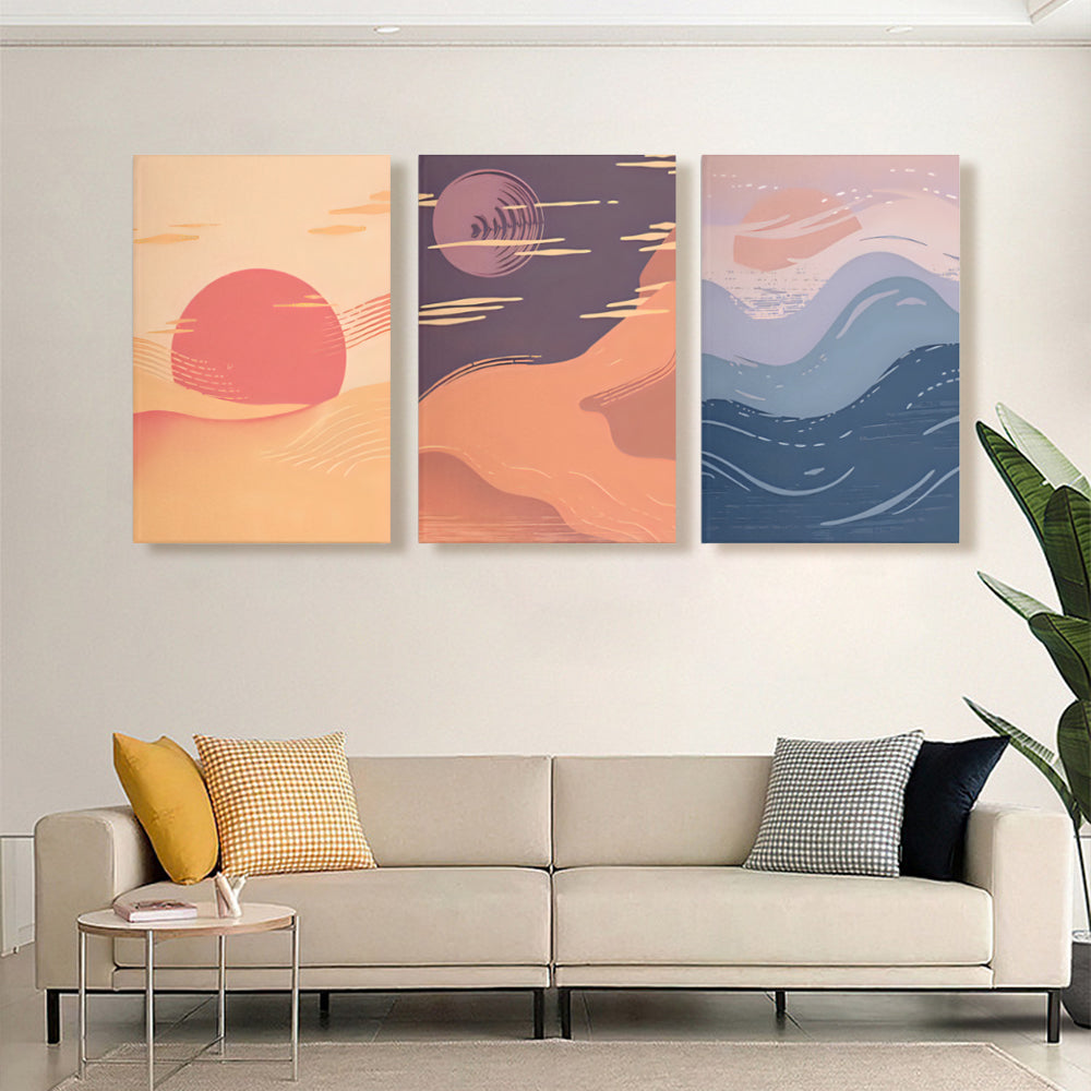 Sunrise And Sunset Creative Illustration,Triple Frameless Canvas Painting