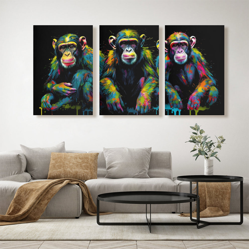 Colorful Monkey Creative Design,Triple Frameless Canvas Painting.