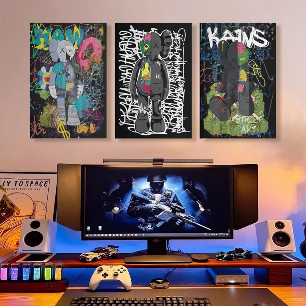 Messy Bear Creative Pattern Design,Triple Frameless Canvas Painting.