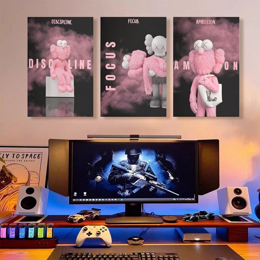 Pink Bear Creative Pattern Design,Triple Frameless Canvas Painting.