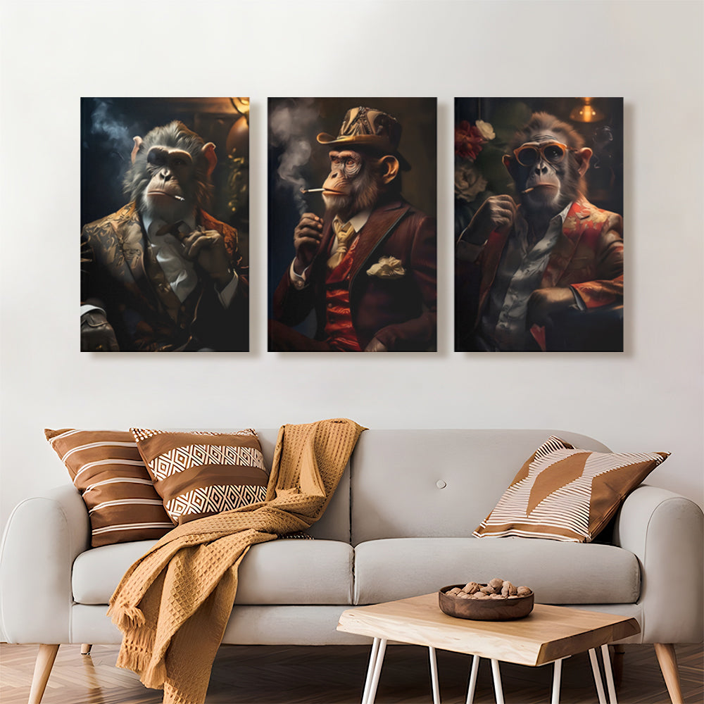 Monkey Boss Creative Pattern Design,Triple Frameless Canvas Painting.