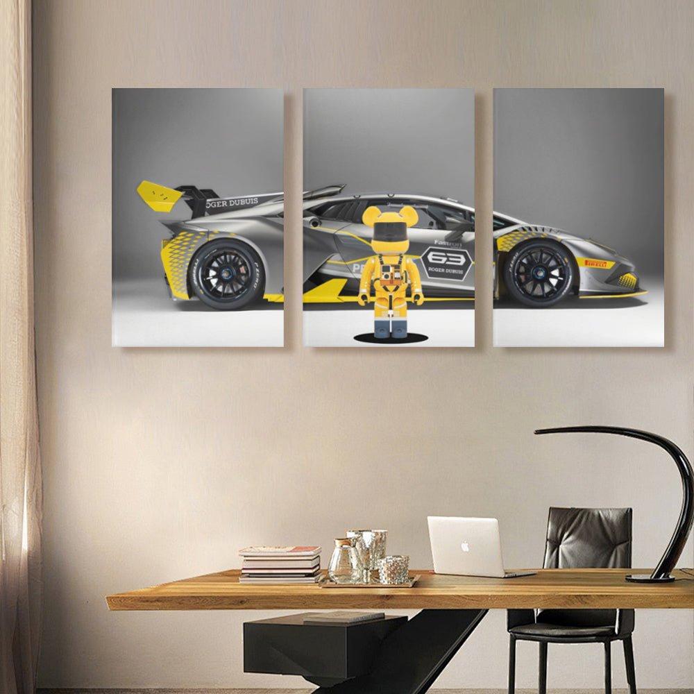 Yellow Violent Bear Car Creative Design,Triple Frameless Canvas Painting
