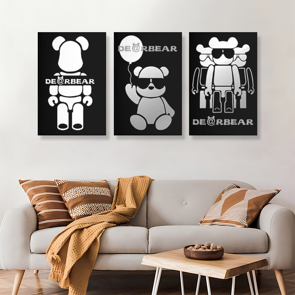 Black And White Decorative Bear,Triple Frameless Canvas Painting