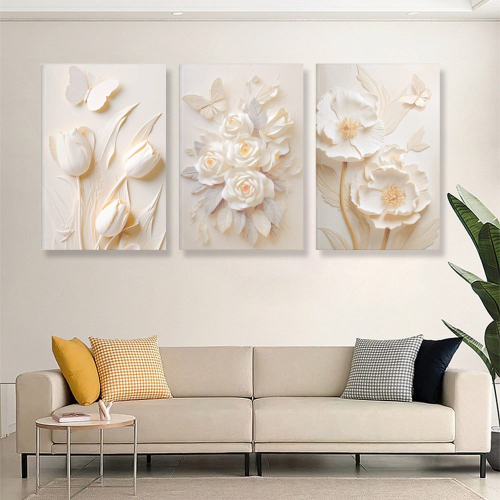 Embossed Cream Flowers,Triple Frameless Canvas Painting.