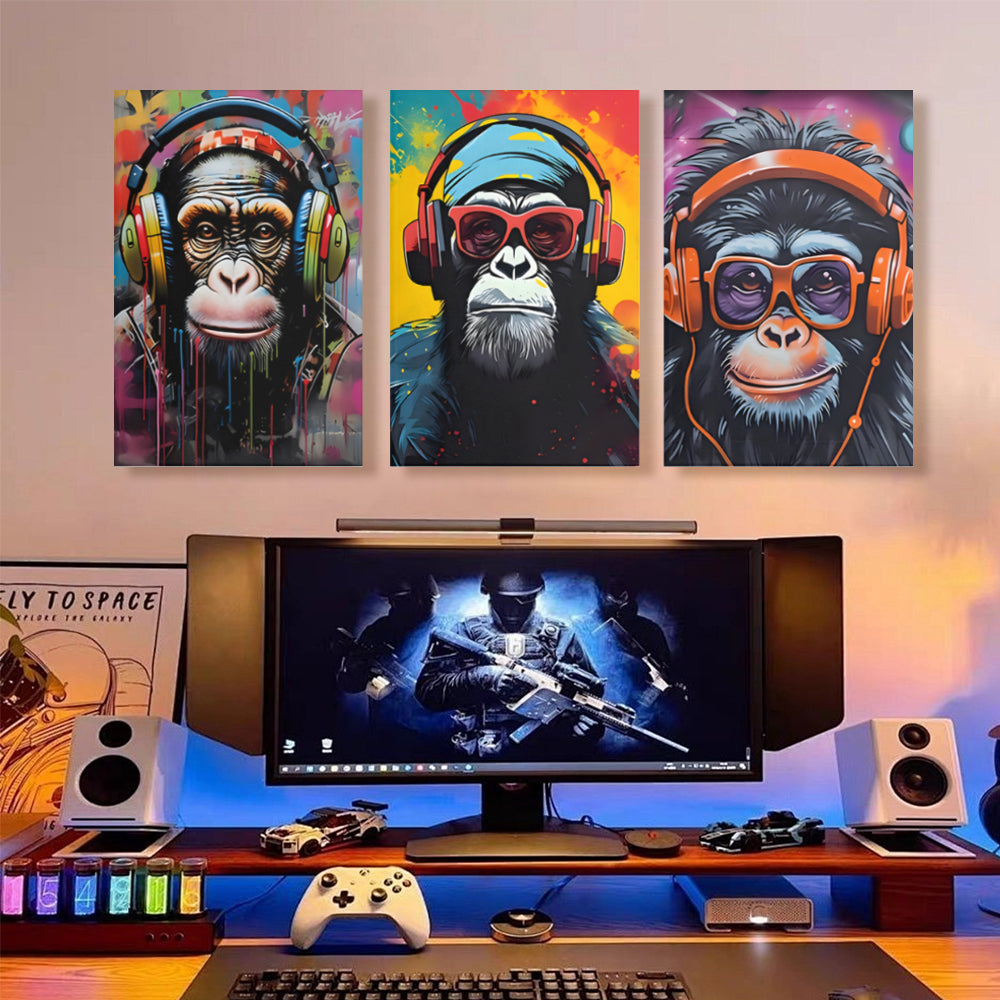 Monkey With Headphones Creative Pattern Design,Triple Frameless Canvas Painting.