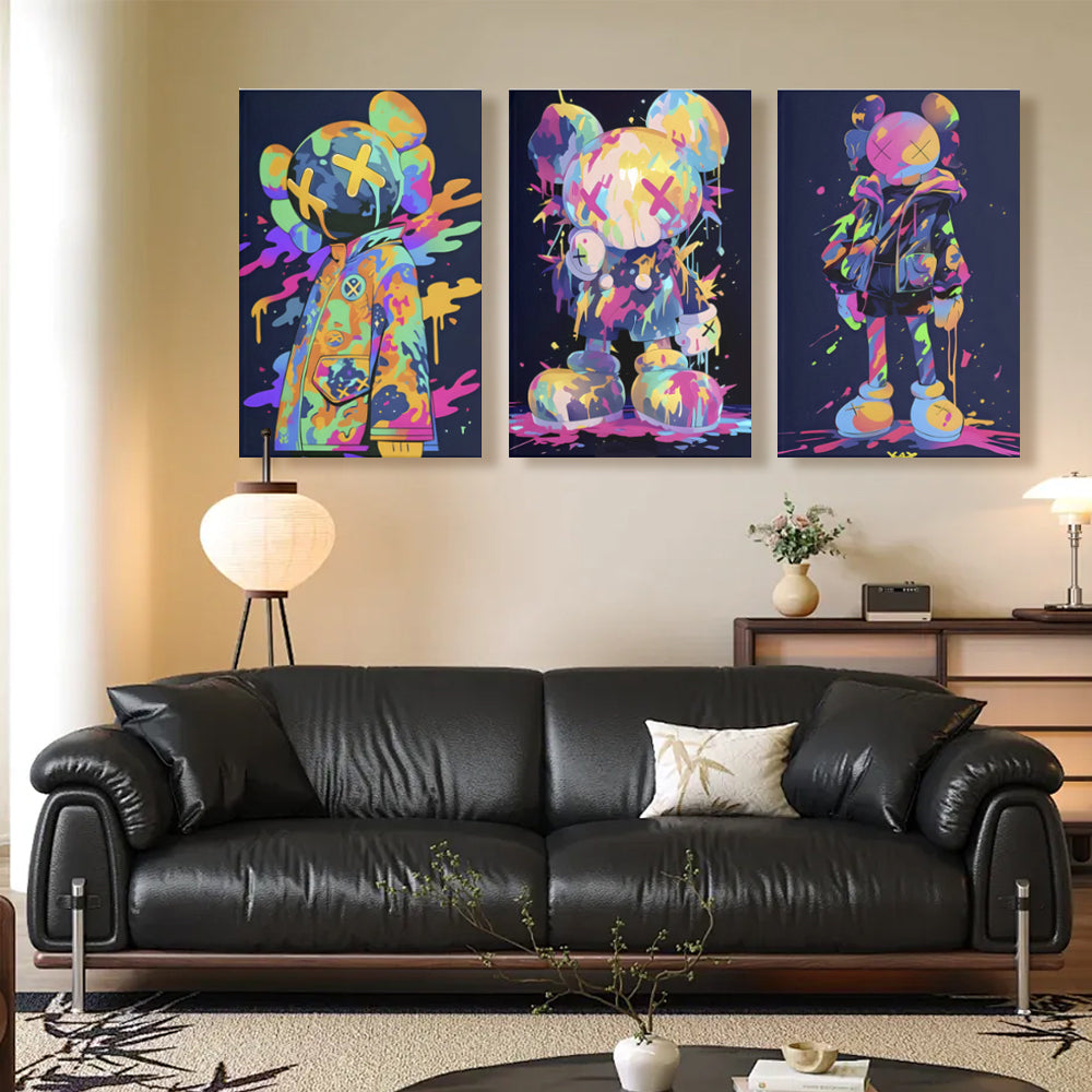 Colorful Violent Bear Graffiti,Triple Frameless Canvas Painting