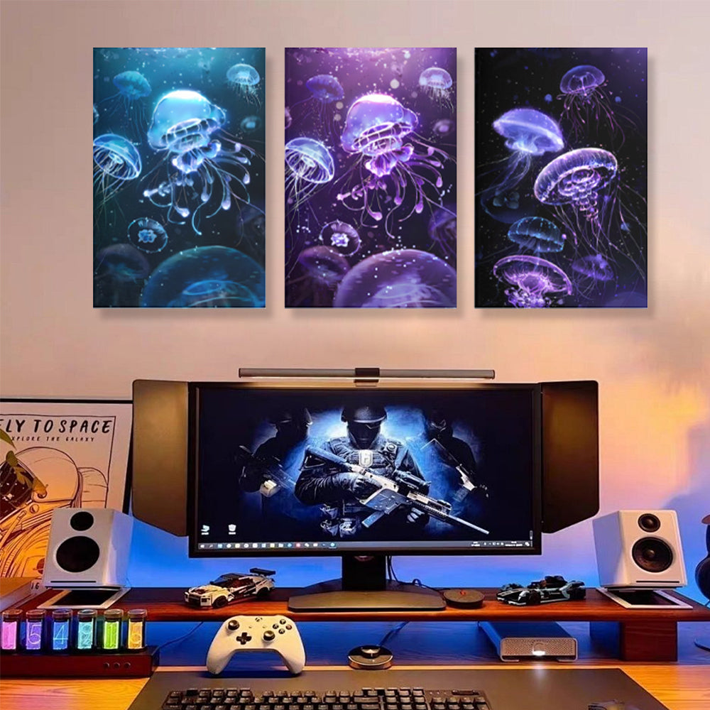 Glowing Jellyfish Creative Design,Triple Frameless Canvas Painting.