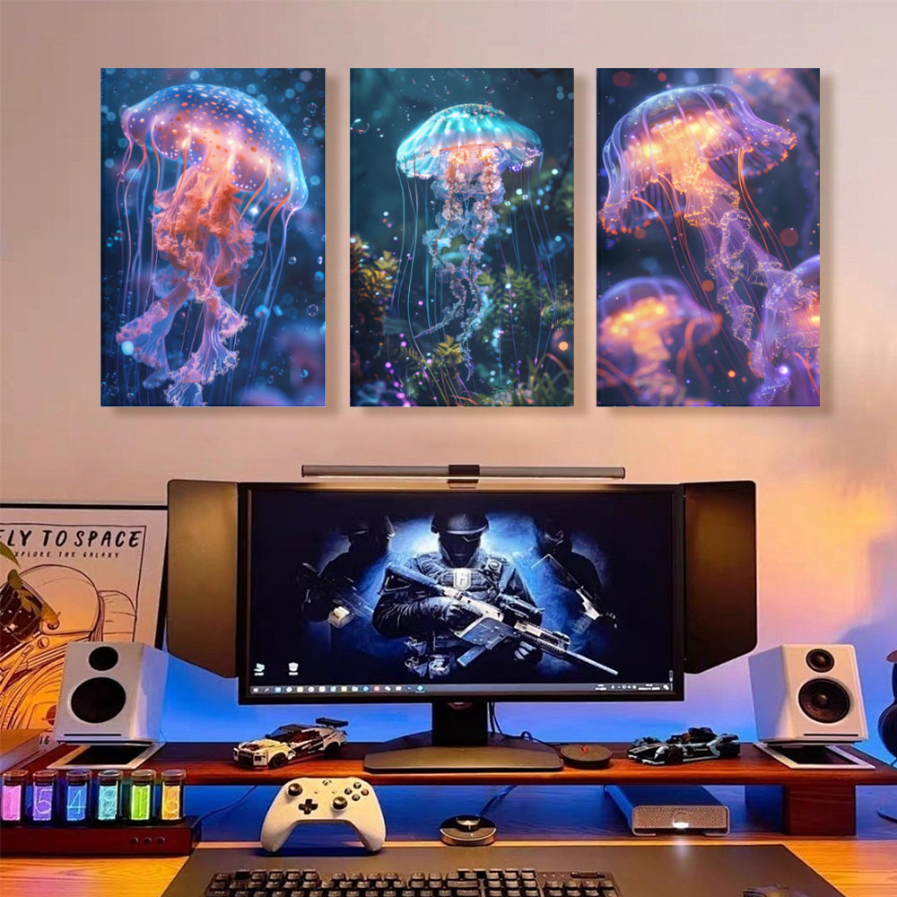 Colorful Jellyfish Creative Pattern Design,Triple Frameless Canvas Painting.