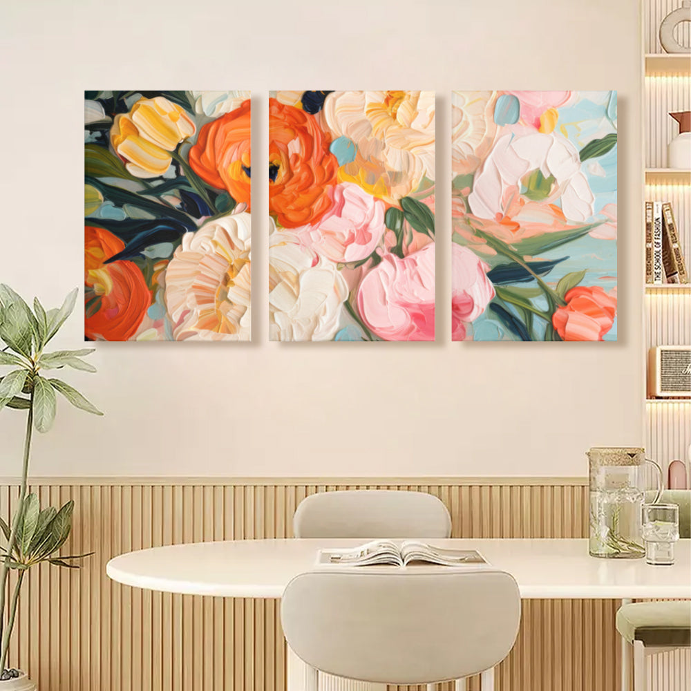 Oil Painting Style Colorful Flowers,Triple Frameless Canvas Painting.