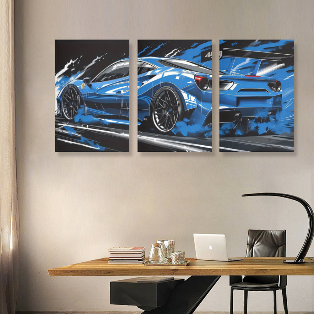 Blue Cool Car,Triple Frameless Canvas Painting