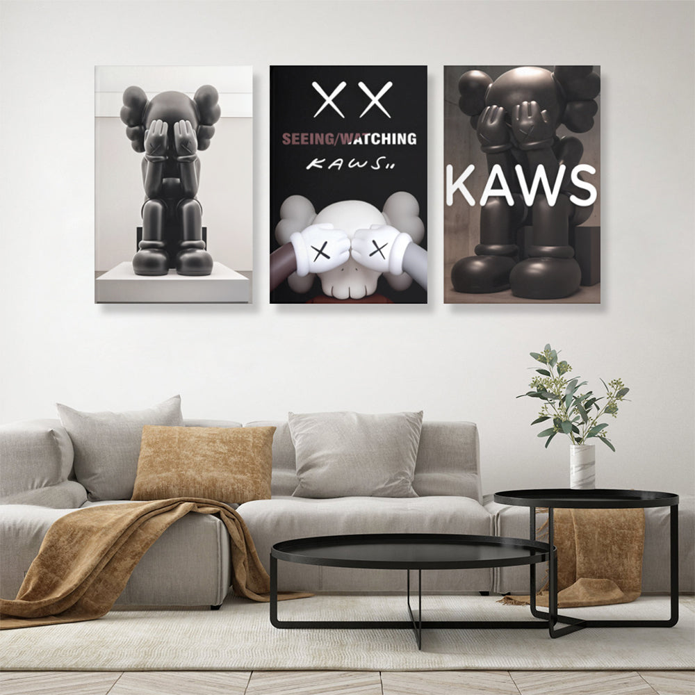 Cute Bear Covering Face,Triple Frameless Canvas Painting.