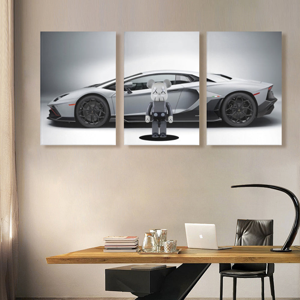 Bear Car Creative Design,Triple Frameless Canvas Painting