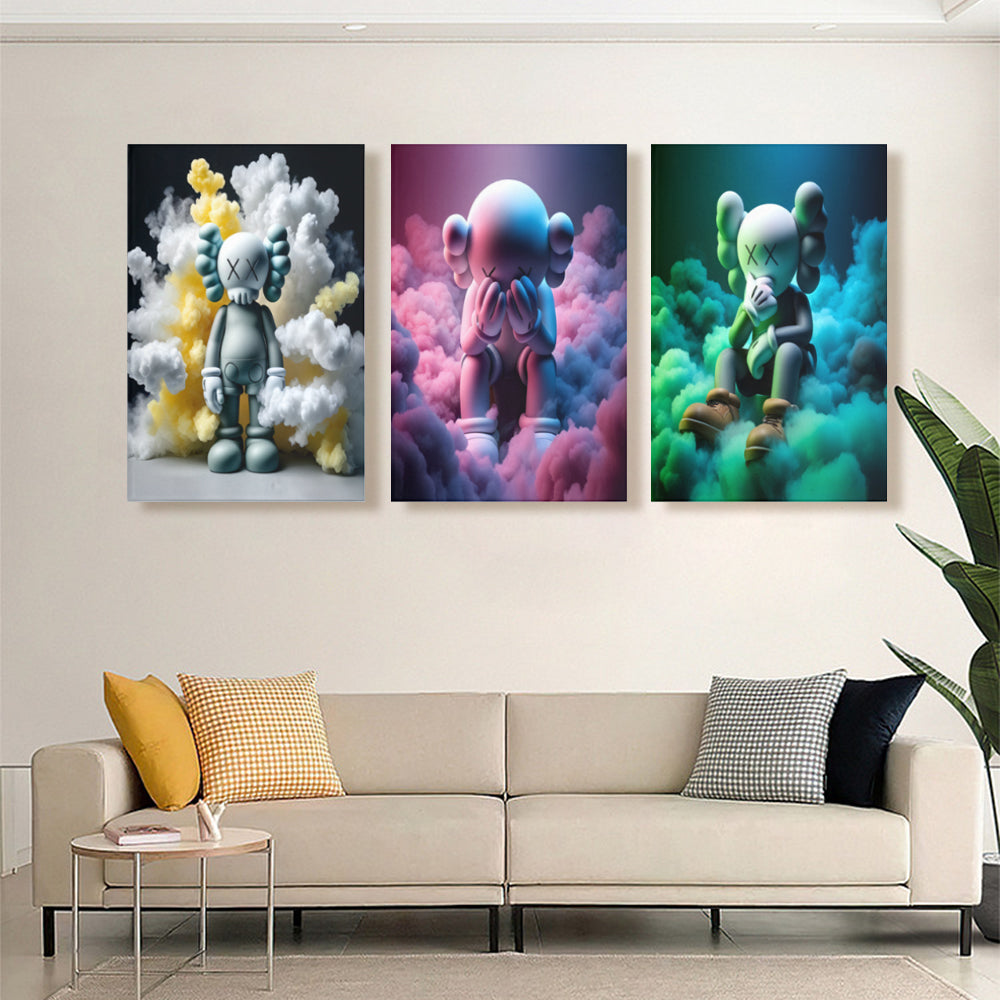 Colorful Cloud Bear Creative Pattern Design,Triple Frameless Canvas Painting