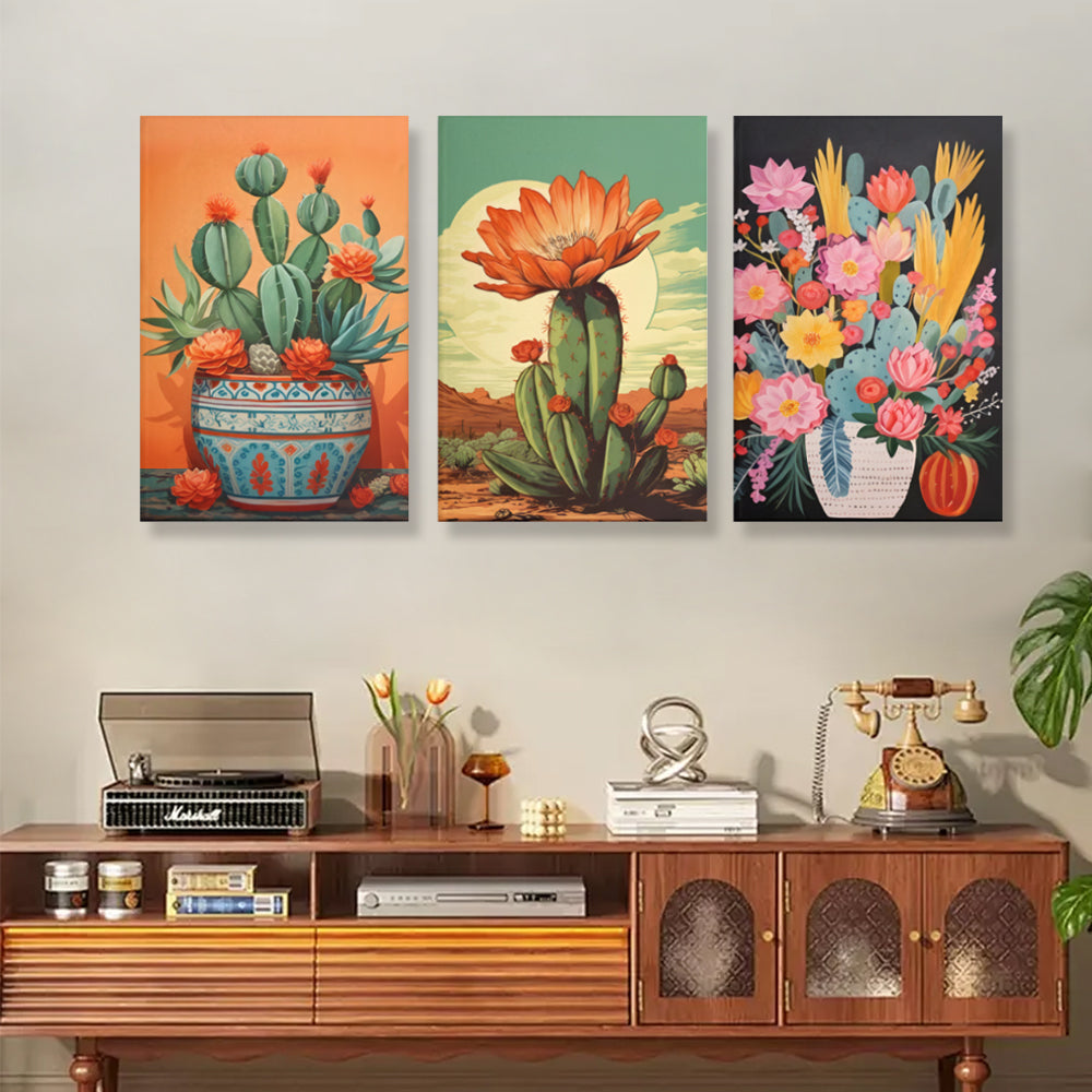 Mexican Cactus,Triple Frameless Canvas Painting.