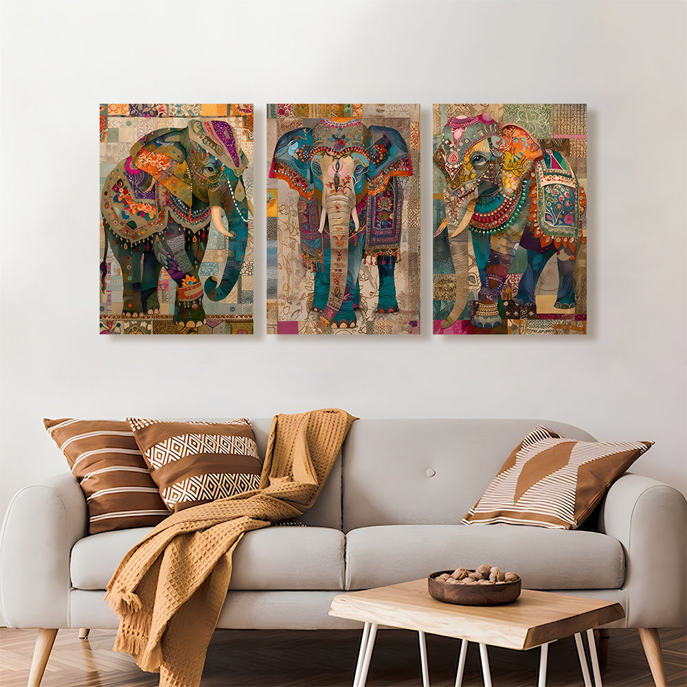 Elephant Creative Pattern Design,Triple Frameless Canvas Painting.