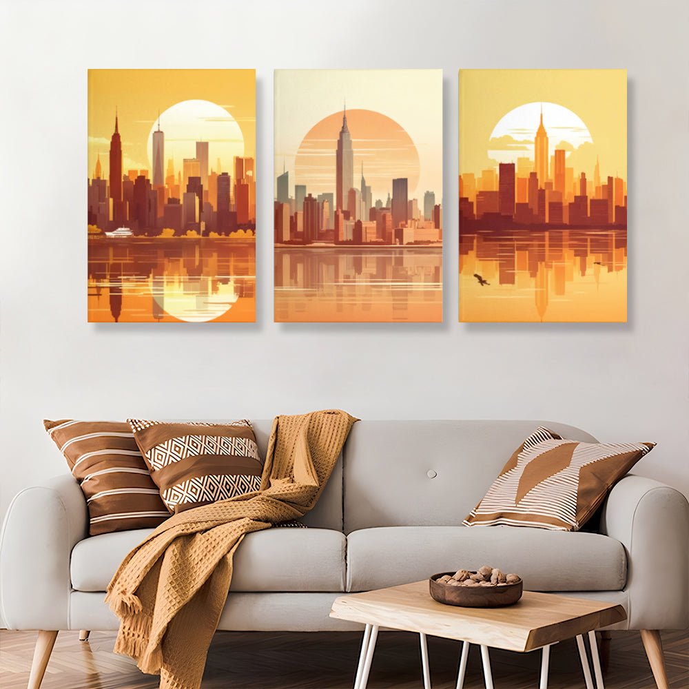 Sunset City,Triple Frameless Canvas Painting.