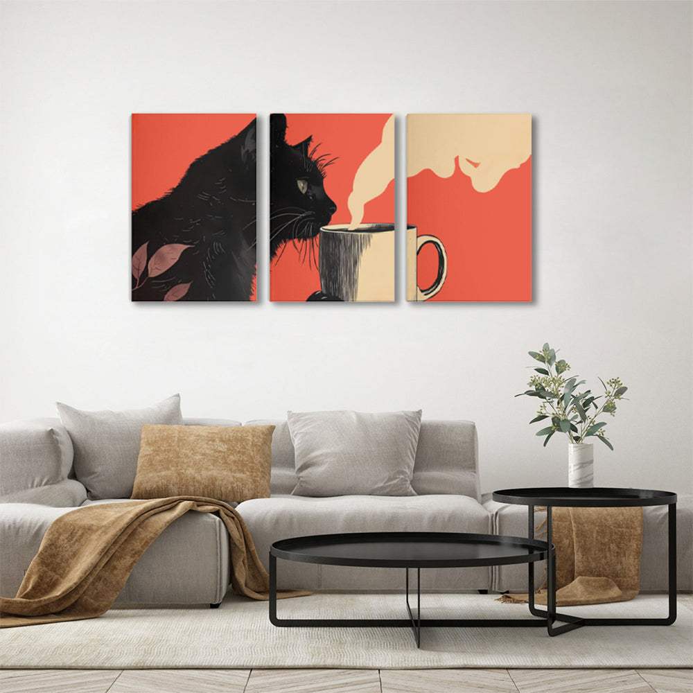 Creative Little Black Cat,Triple Frameless Canvas Painting.