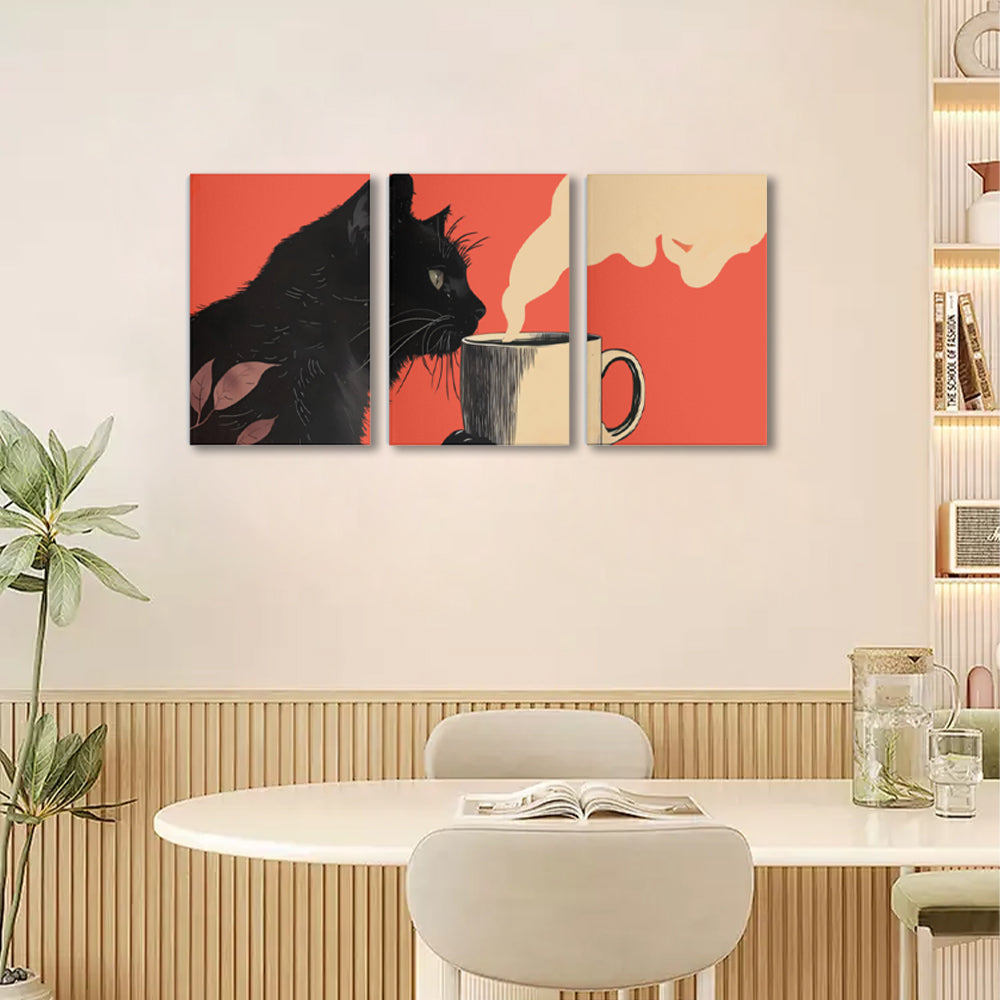 Creative Little Black Cat,Triple Frameless Canvas Painting.