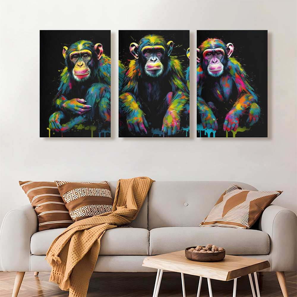 Colorful Monkey Creative Design,Triple Frameless Canvas Painting.