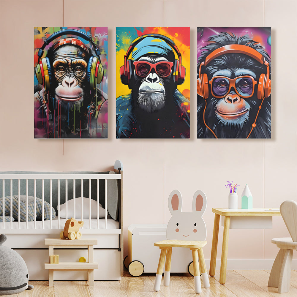 Monkey With Headphones Creative Pattern Design,Triple Frameless Canvas Painting.