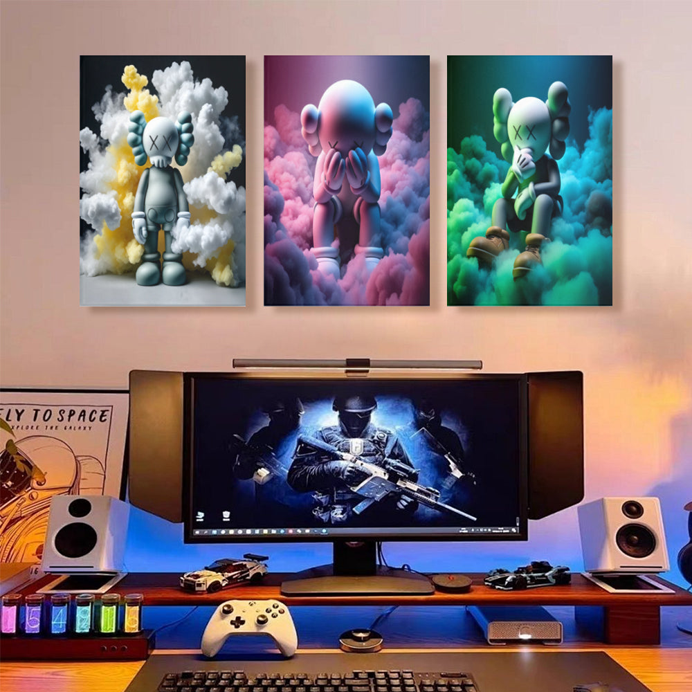 Colorful Cloud Bear Creative Pattern Design,Triple Frameless Canvas Painting