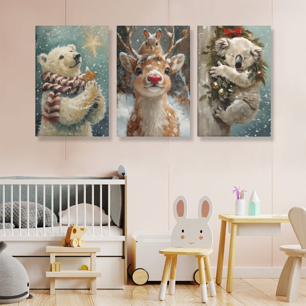 Winter Snow Scene Cute Animals,Triple Frameless Canvas Painting.