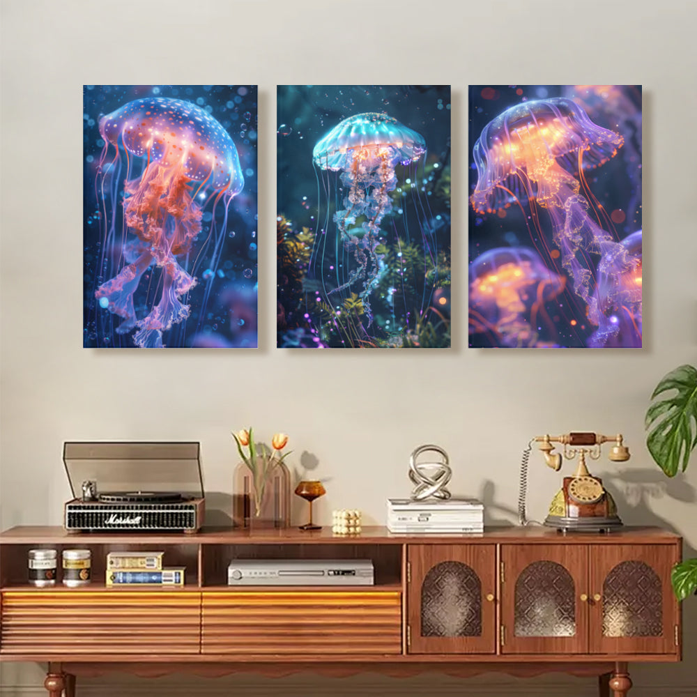 Colorful Jellyfish Creative Pattern Design,Triple Frameless Canvas Painting.