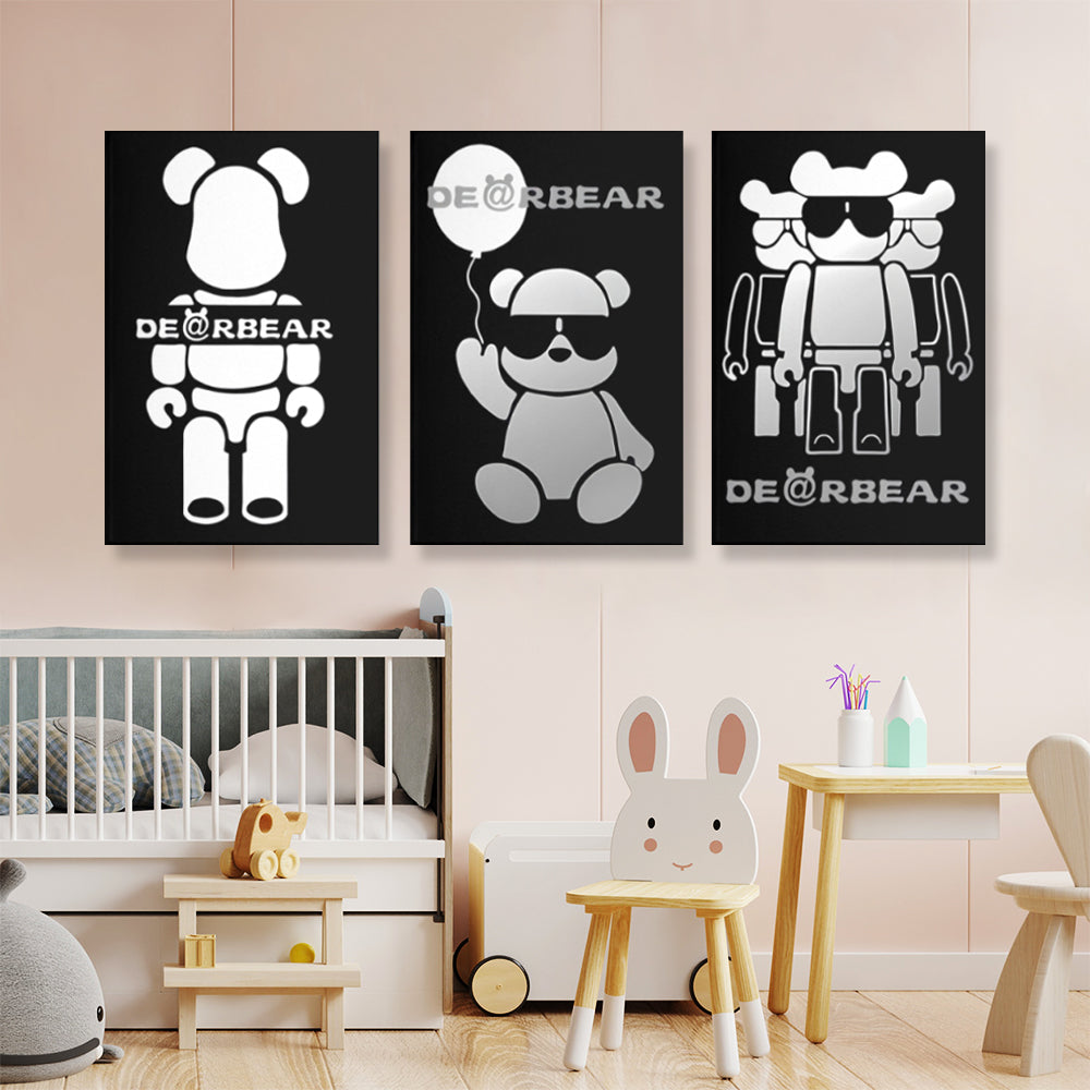 Black And White Decorative Bear,Triple Frameless Canvas Painting