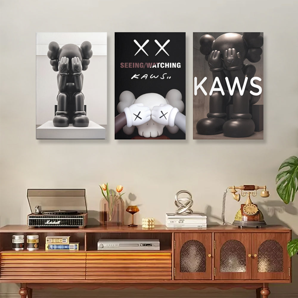 Cute Bear Covering Face,Triple Frameless Canvas Painting.