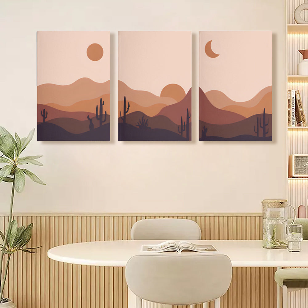 Flat Landscape Sunrise Illustration,Triple Frameless Canvas Painting