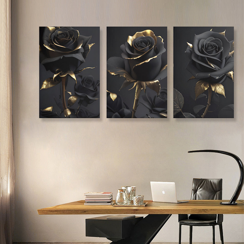 Black Gold Rose,Triple Frameless Canvas Painting