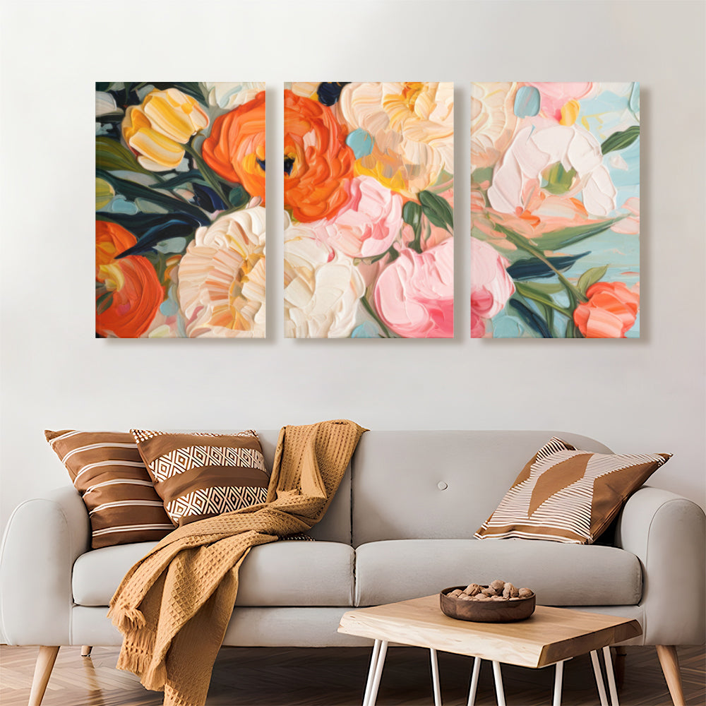 Oil Painting Style Colorful Flowers,Triple Frameless Canvas Painting.