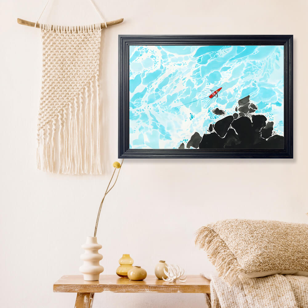 Ocean Waves Creative Illustration, Horizontal Framed Simple Decorative Canvas Painting