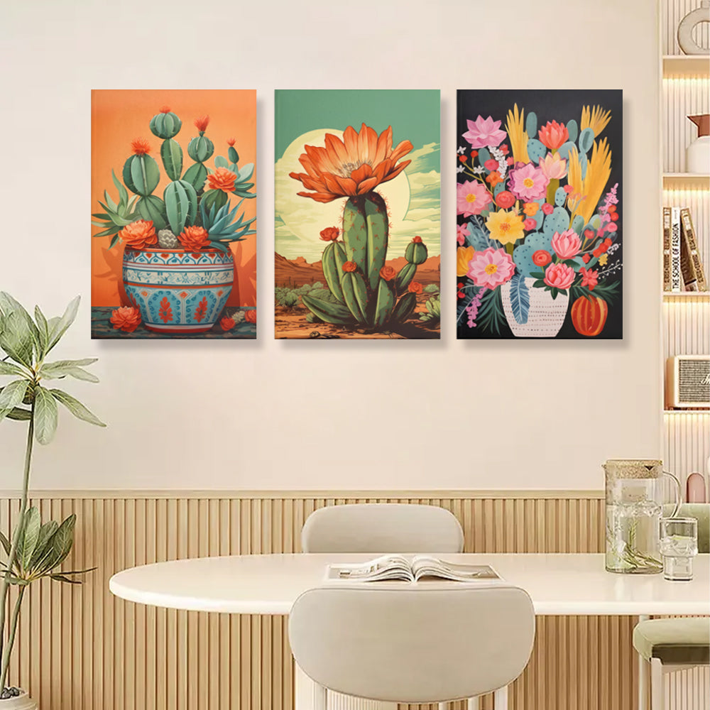 Mexican Cactus,Triple Frameless Canvas Painting.