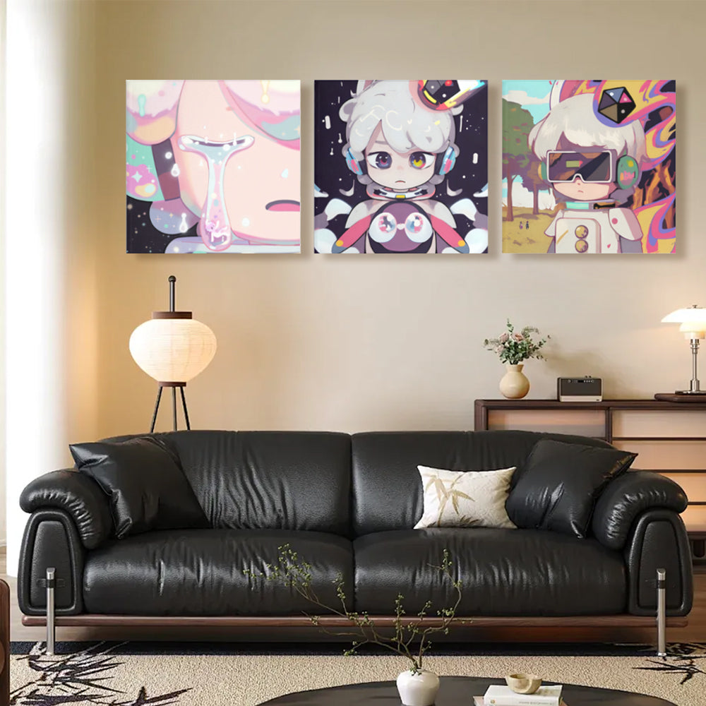 Cartoon Colorful Astronaut Creative Pattern,Square Triple Frameless Canvas Painting