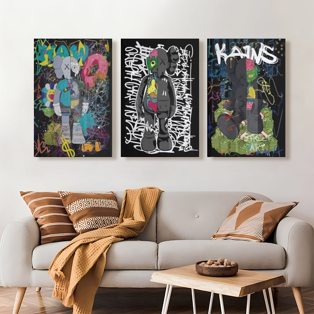 Messy Bear Creative Pattern Design,Triple Frameless Canvas Painting.