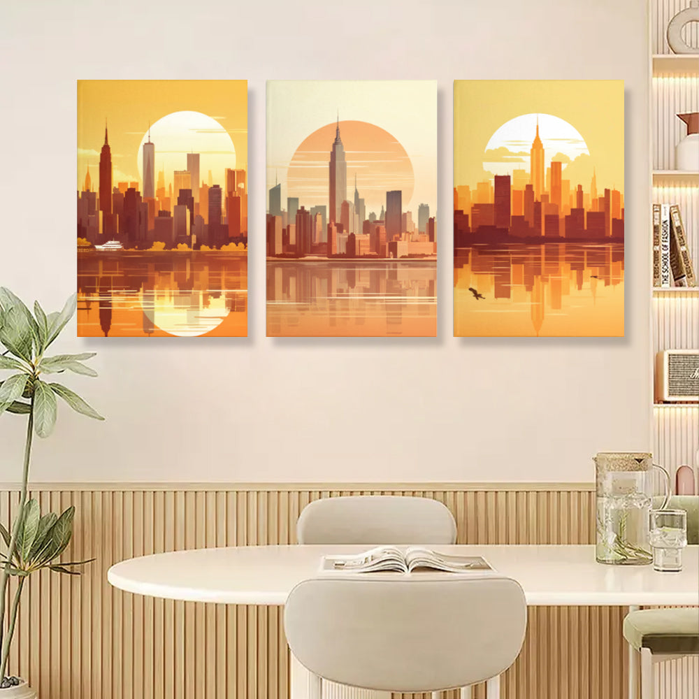 Sunset City,Triple Frameless Canvas Painting.