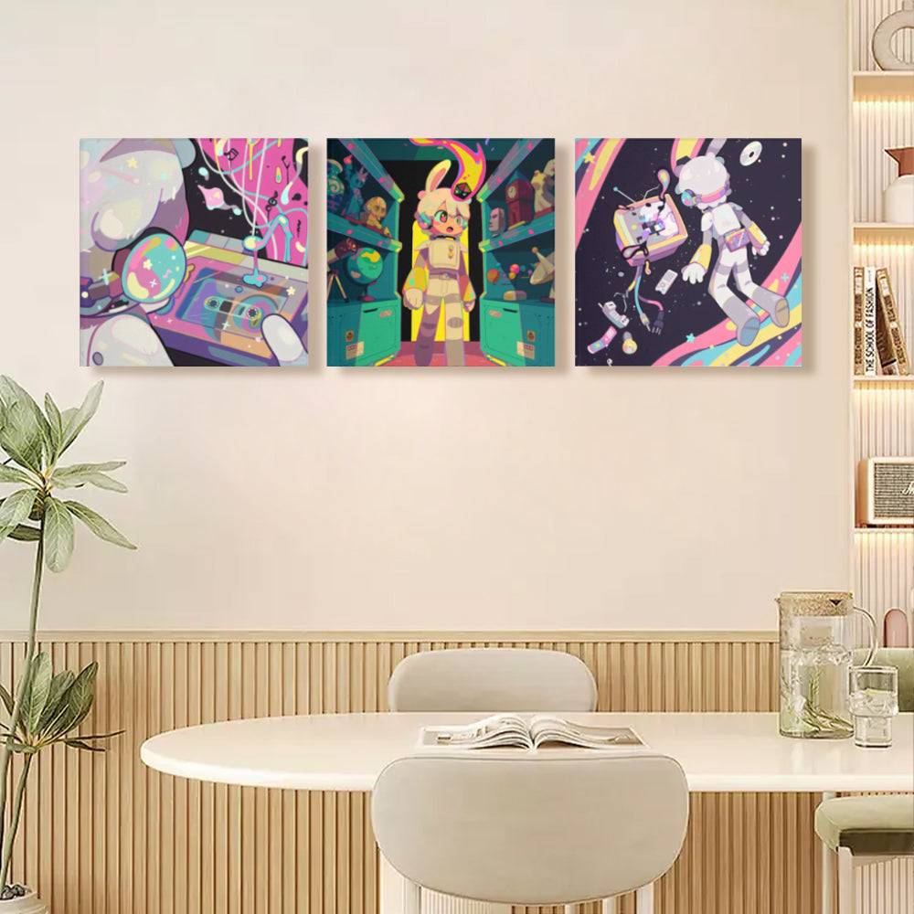 Colorful Cartoon Astronauts With A Sense Of Technology,Square Triple Frameless Canvas Painting