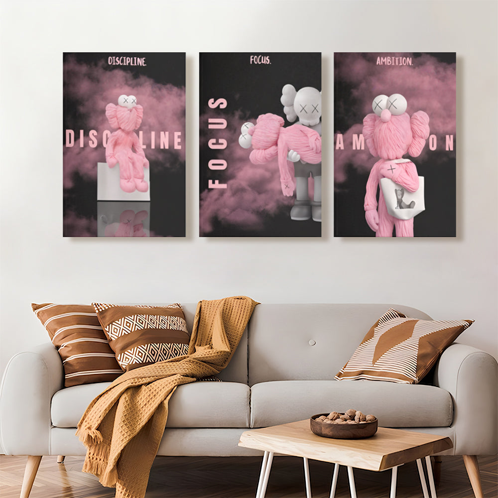 Pink Bear Creative Pattern Design,Triple Frameless Canvas Painting.