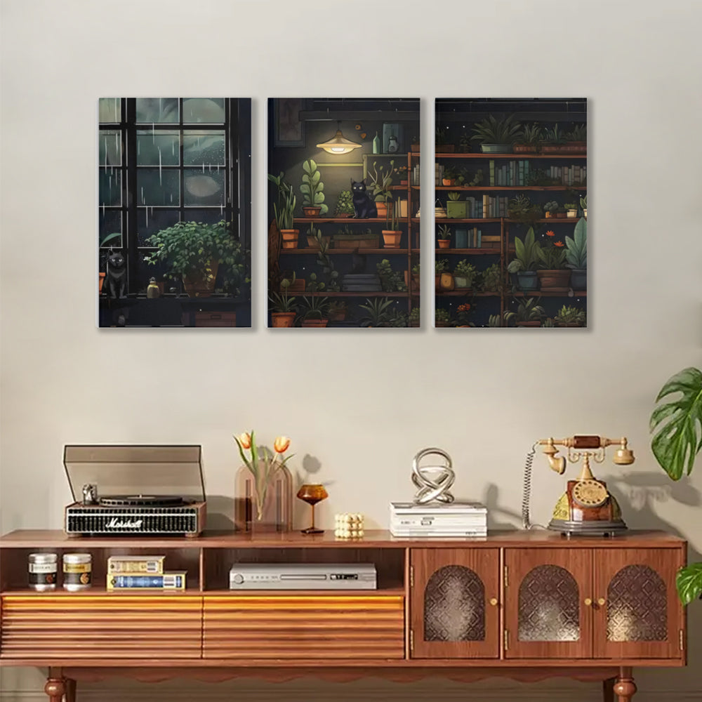 Indoor Green Plant Illustration,Triple Frameless Canvas Painting.
