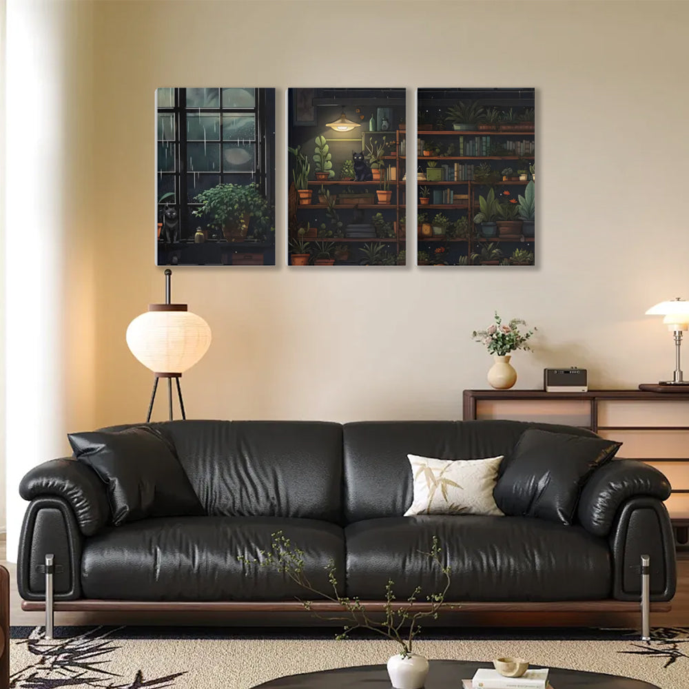 Indoor Green Plant Illustration,Triple Frameless Canvas Painting.