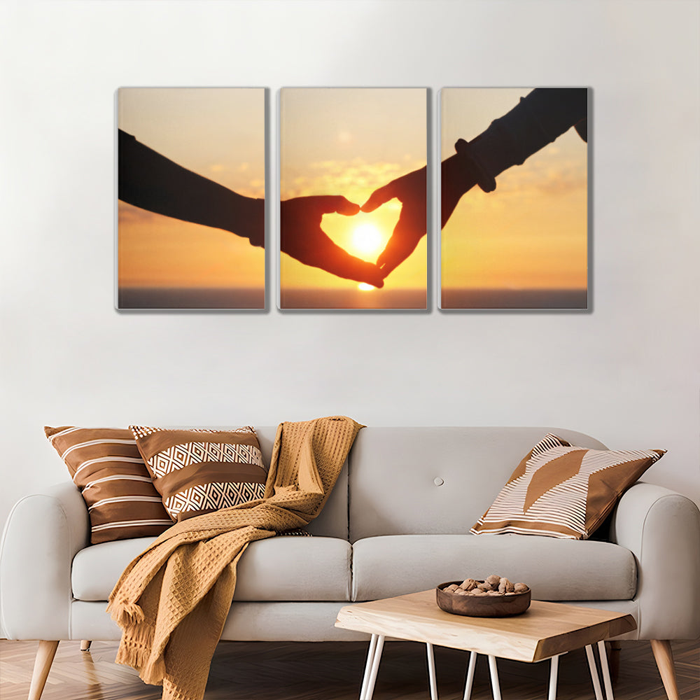 Couple Making Heart Gesture At Sunset,Triple Frameless Canvas Painting.