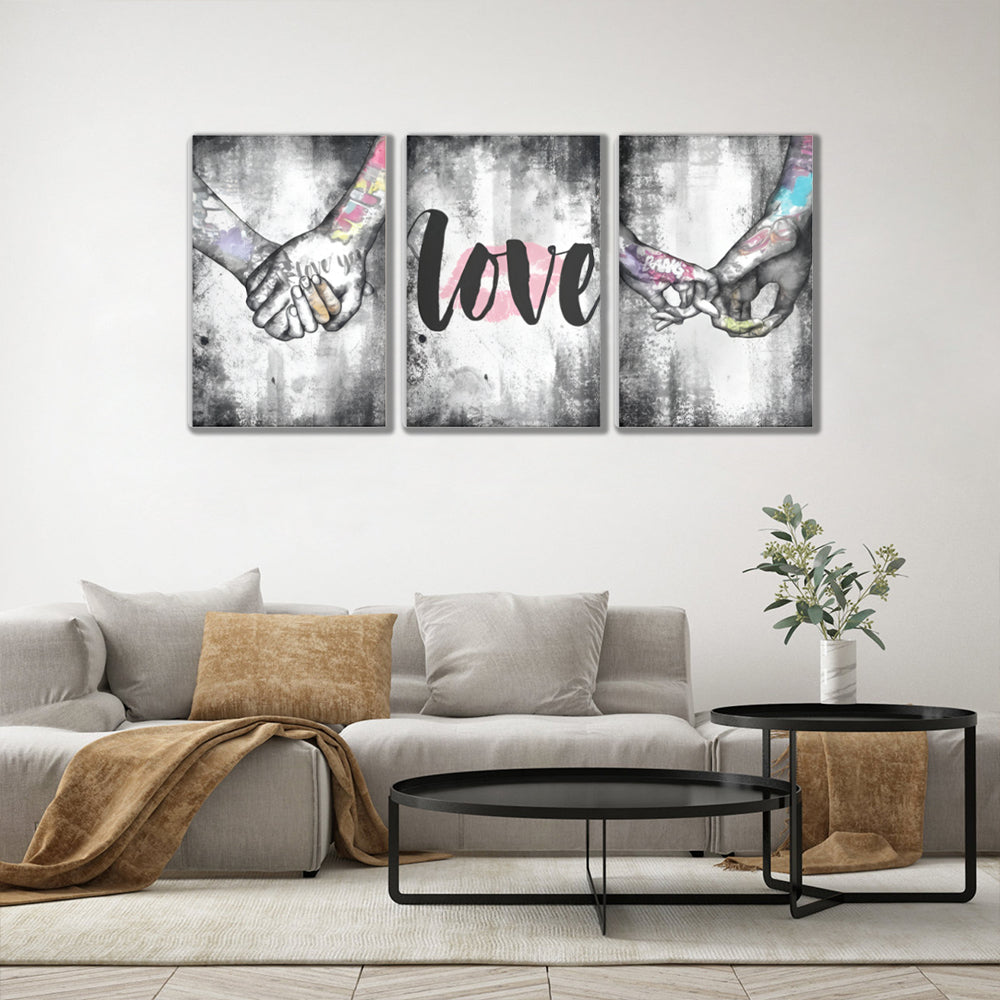 Graffiti Style Couple Making Heart Gesture Holding Hands,Triple Frameless Canvas Painting.