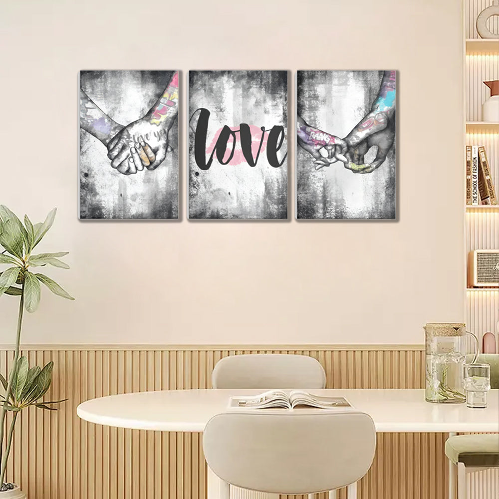 Graffiti Style Couple Making Heart Gesture Holding Hands,Triple Frameless Canvas Painting.