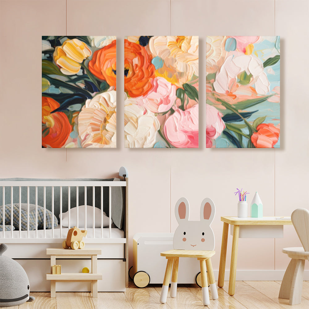 Oil Painting Style Colorful Flowers,Triple Frameless Canvas Painting.