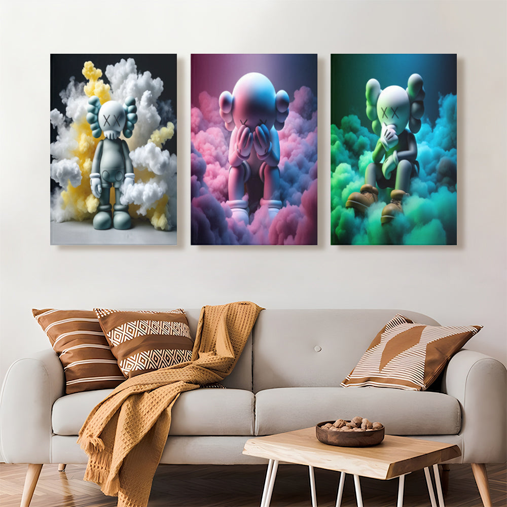 Colorful Cloud Bear Creative Pattern Design,Triple Frameless Canvas Painting