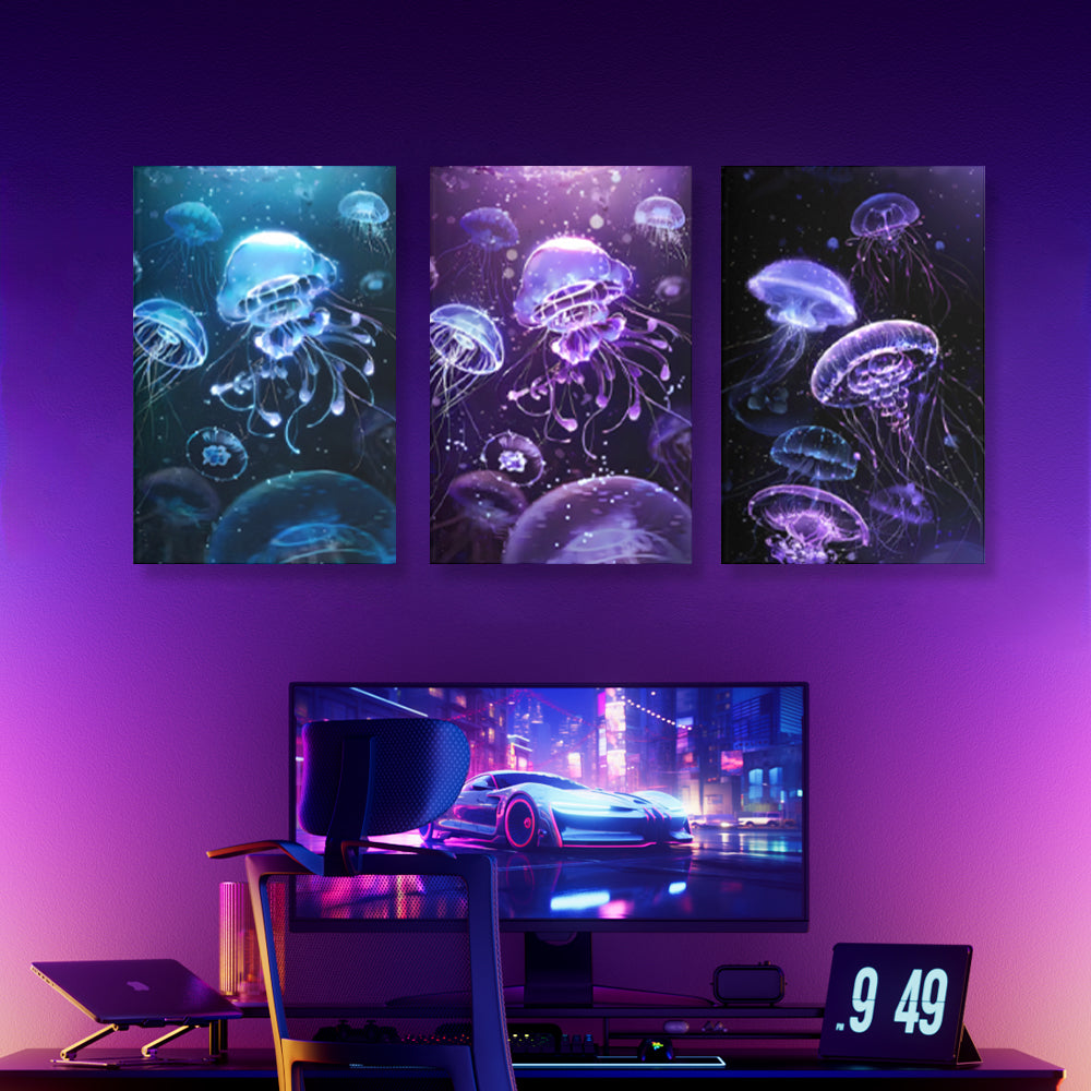 Glowing Jellyfish Creative Design,Triple Frameless Canvas Painting.